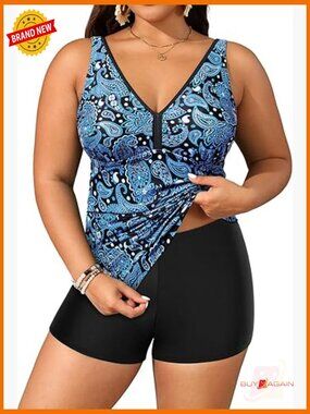 Plus Size Tankini Set with Shorts Tummy Control Swimwear